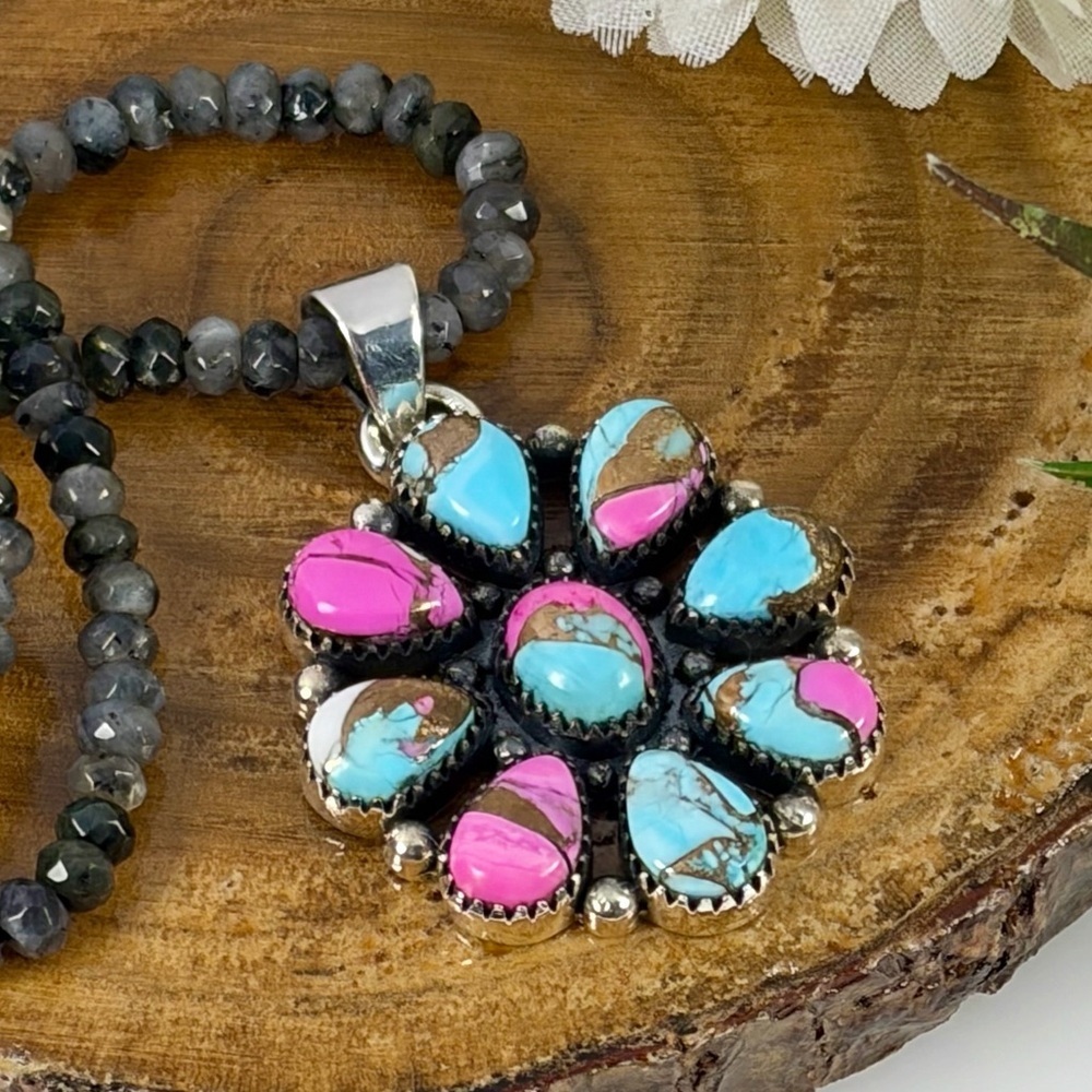Pure Sterling Silver 925 Cotton Candy Turquoise Pendant Boho Southwest New - Picture 3 of 12